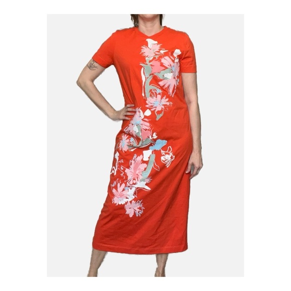 Tanya Taylor Mallorie Short Sleeve Floral Midi Dress Tiger Lily Orange Large - Picture 1 of 9